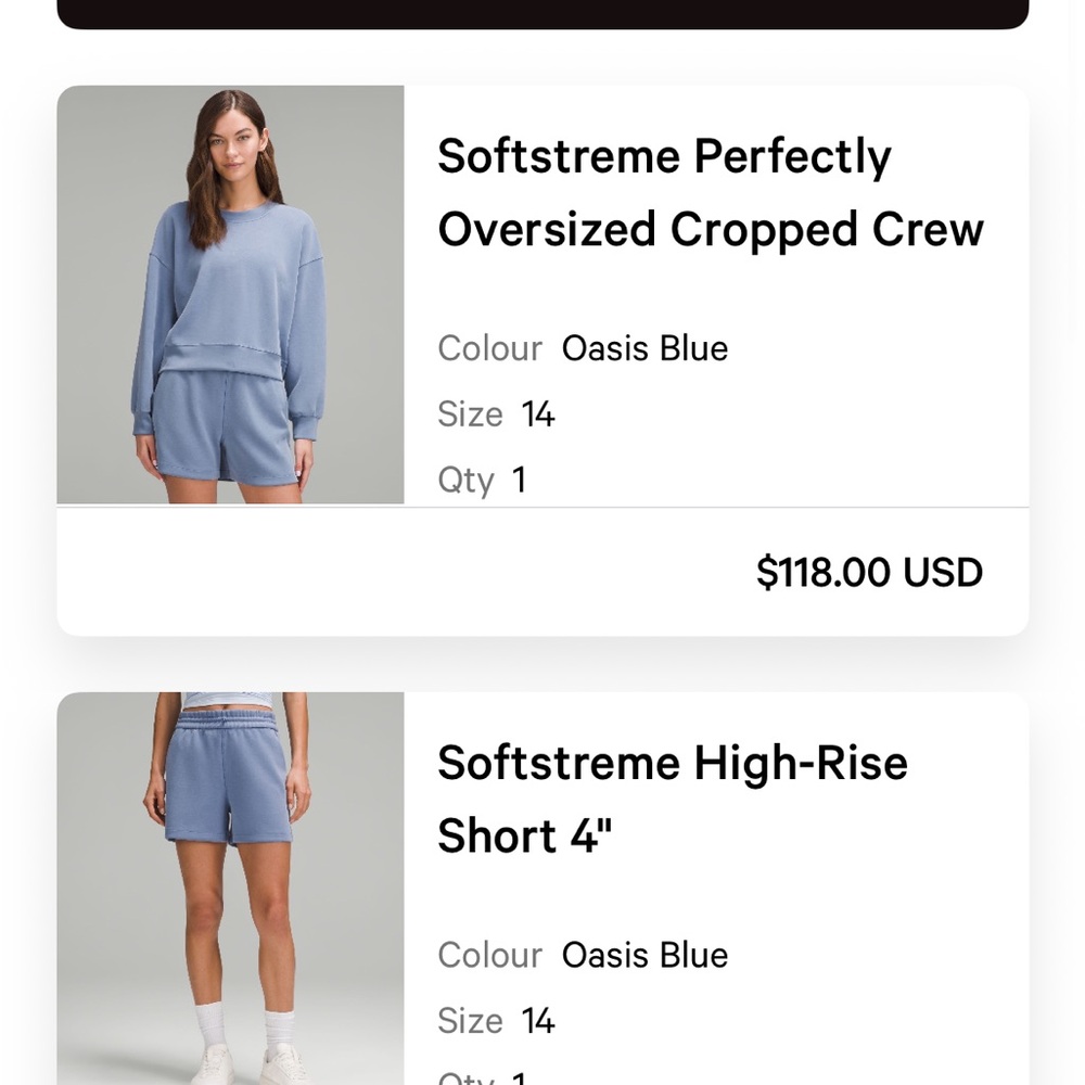 lululemon Oasis Blue Softstreme Shorts & Perfectly Oversized Crew Sold as a SET